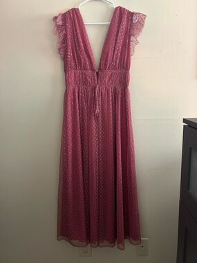 Pink Polka Dot V-Neck Ruffle Sleeve Maxi Dress